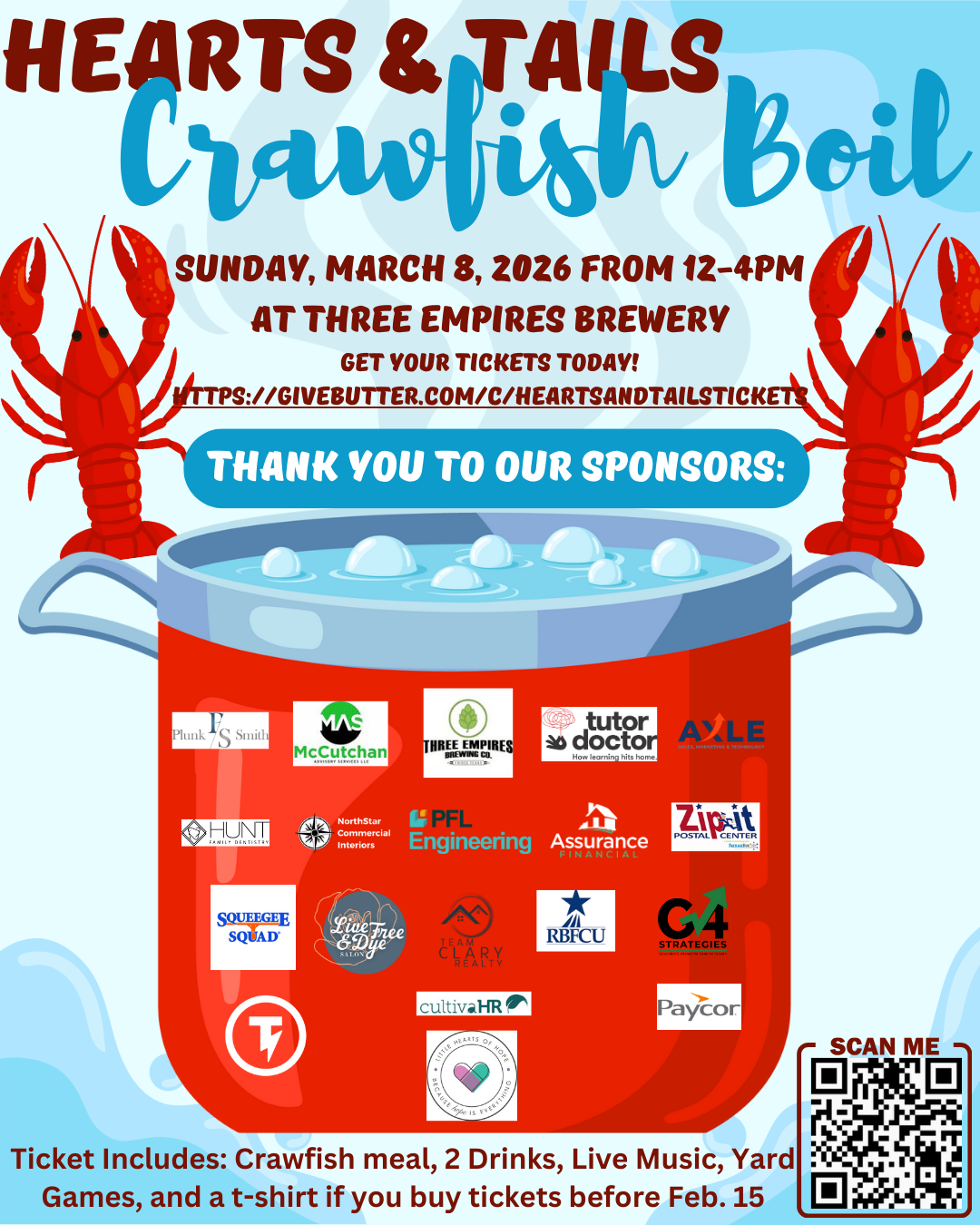 Hearts & Tails Crawfish Boil Sunday, March 8, 2026 from 12-4pm at Three Empires Brewery Get your tickets today! httpsgivebutter.comHeartsAndTails